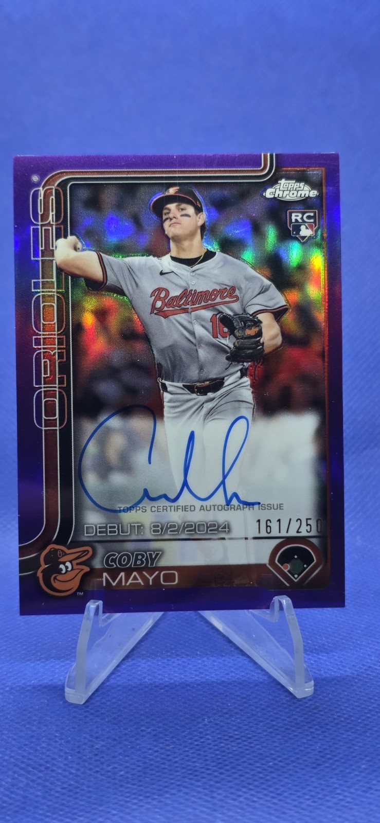 Coby Mayo 2025 Topps Chrome Rookie Auto Purple Refractor RC Orioles # 161/250