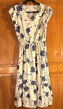 Ivory Blue Floral Ruffle Flutter Sleeve Midi A-Line Dress Size S