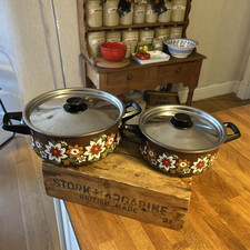 Vintage Pair Lidded Twin-Handled Enamel Casseroles / Cooking Pots 1970's