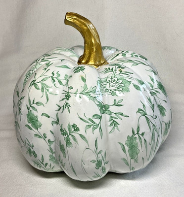 FAUX PUMPKIN WHITE GREEN FLORAL GOLD  STEM 7 x 8 INCHES NWT