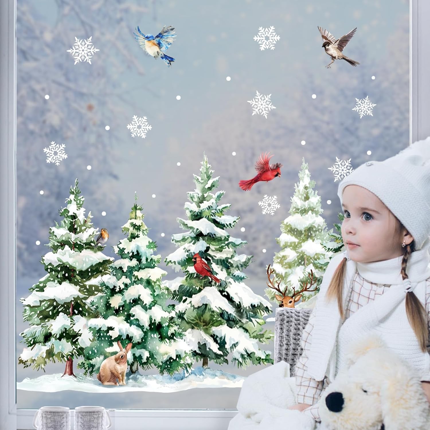 Mfault Winter Forest Animals Window Clings, Snowy Woodland Pine Tree 