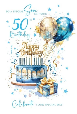 Happy 50th Birthday Son Card. Cherry Orchard. Modern Cool Stylish cake balloons