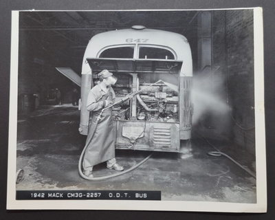 #ad 1942 A Worker cleaning the engine of a 1942 Mack CM3G 2257 O.D.T. Bus Photograph $65.00