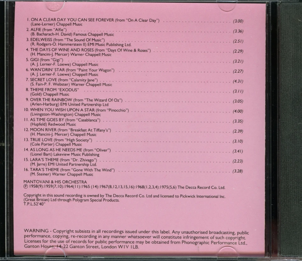MANTOVANI ORCHESTRA - Favourite Screen Themes CD [MINT] - Image 3 of 4