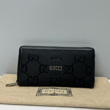 古驰黑色帆布皮革装饰长款钱包带浮雕标志-