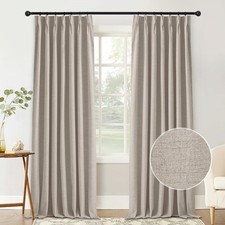 Beige Pinch Pleated Blackout Curtains 84 inch Length, Linen Textured Total Room