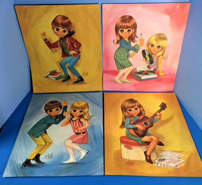 Four Iconic 60's Go Go Dancing Litho Art Prints Big Eyes Boy Girl * Never Rolled