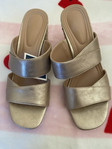 Adrienne Vittadini Gold Metallic Slide Sandals Women's Block Heel Slip On - Picture 1 of 4