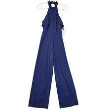 bebe NWT Jumpsuit Womens 2 Navy Halter Ruffle Wide Leg Tie Waist Made in USA