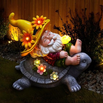 Garden Gnomes Outdoor Decor - Funny Sunflower Gnome Sitting on Turtle with So...