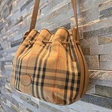 BURBERRY Nova Check Drawstring Shoulder Bag Leather Vintage Beige