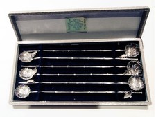 Okubo Bros. Lot de 6 cuillères en argent 950 pailles à thé glacé en bambou avec breloques et origine étui