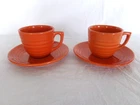 2 Vintage BAUER RING WARE ORANGE CUPS & SAUCERS