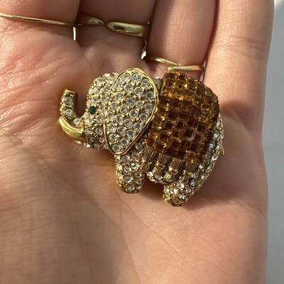 Kleine Brosche Elefant vergoldet Strass weiß und orange Modeschmuck