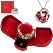 Preserved Real Red Rose with Necklace Forever Flowers Dark