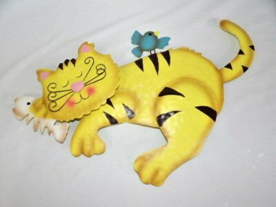 Metal Dimensional Sleeping Yellow Cat w/ Bluebird and Fish Bones Inside or Out