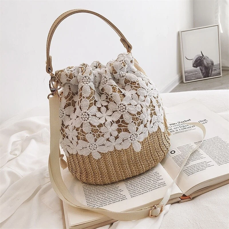 Women Beach Handbag Bucket Bag Straw Bucket Rattan Woven Shoulder Purse Bag - Image 4 of 4