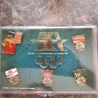 1984 Coca Cola Olympic 5 Pin Set  Coca Cola, Tab, Sprite Diet Coke & US Sam Flag