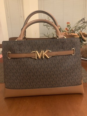 Michael Kors Reed Large Two Tone Logo Belted Satchel Bag  Brown MK Signature