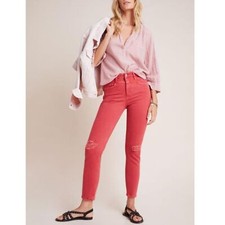 NWT ANTHROPOLOGIE Pilcro Ultra High-Rise Slim Ankle Red Distressed Jeans Sz 30