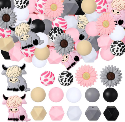 88Pcs Cow Daisy Silicone Beads 15Mm Silicone Beads Bulk round Hexagon Silicone F