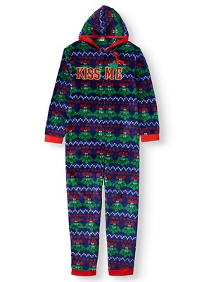 Men's Kiss Me Ugly Christmas Hooded Drop Seat Union Suit Lounge Pajamas  New