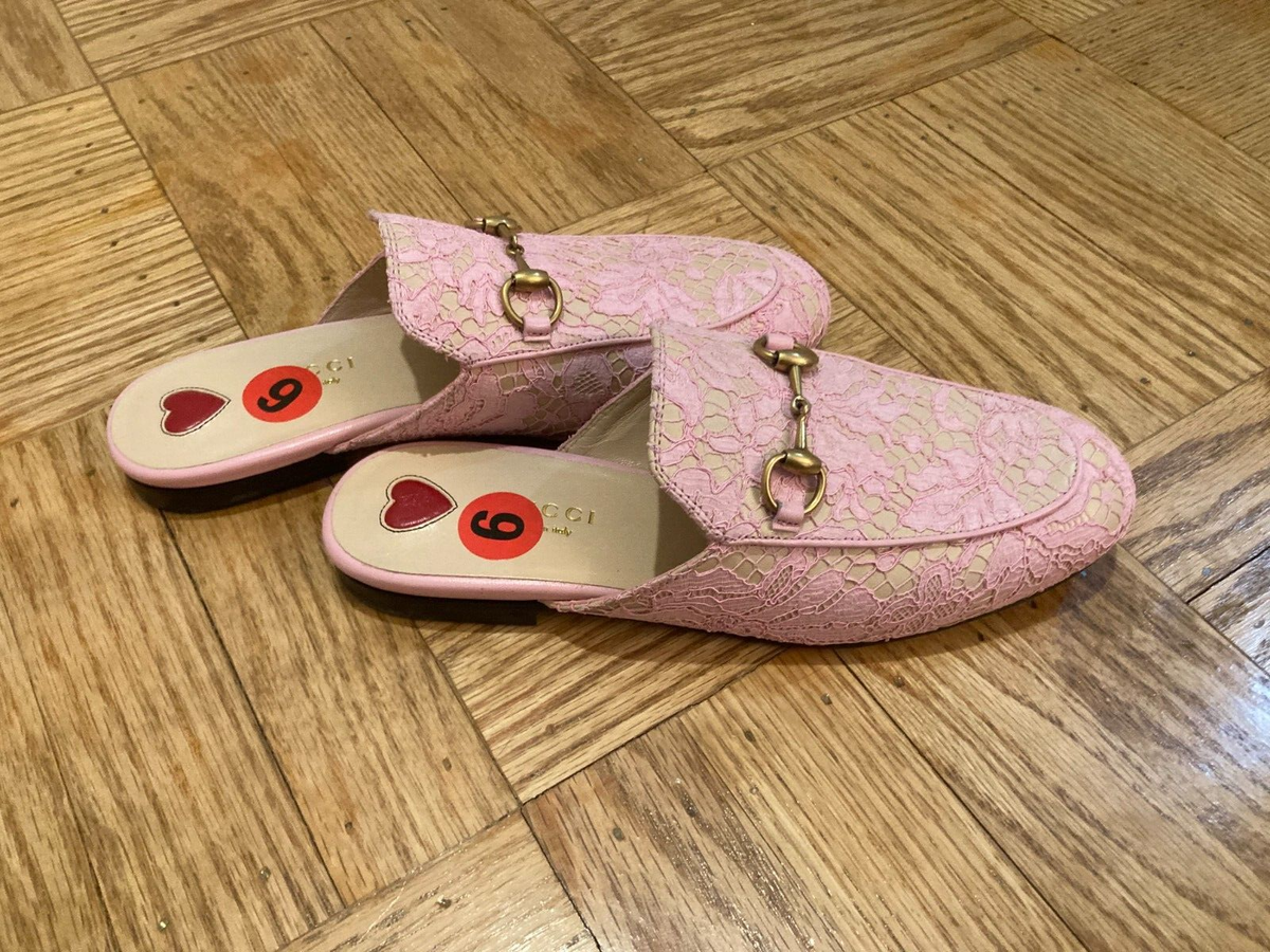 Gucci Women's Princetown Horsebit Pink Lace Mules Slides US 5.5 EU