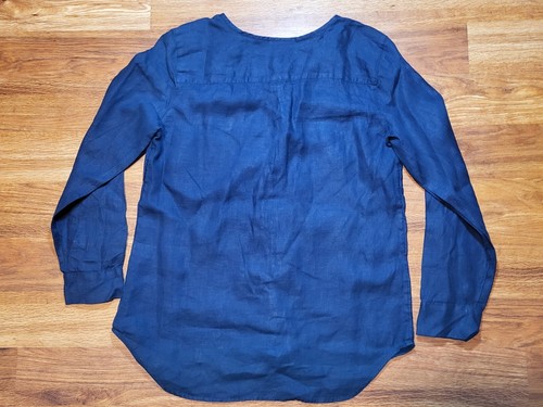Talbots Linen Utility Button Up Shirt Navy Blue Tab Sleeve Casual Womens Medium? - Picture 7 of 11