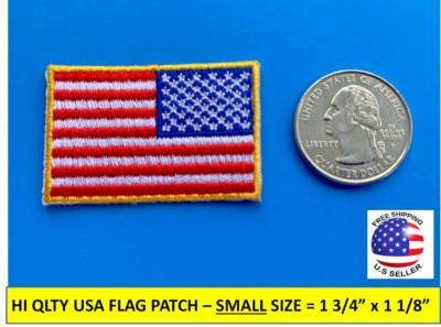 SMALL REVERSE USA AMERICAN FLAG EMBROIDERED PATCH IRON-ON SEW-ON GOLD BORDER  2''