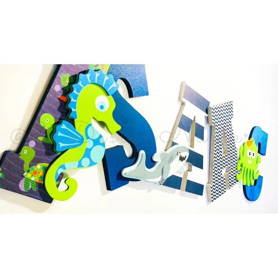 Ocean Themed Wooden Nursery Letters - Custom Shark Ocean Themed For Kids Room - Image 2 of 4