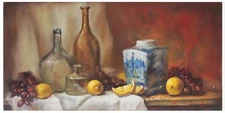 Original Oil Painting Still Life Realism Blue White Pot w Fruits 8 x16" by Z. Li