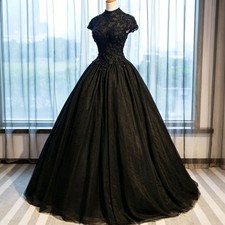 Black Gothic Beading Wedding Dresses With Sleeves Lace High Neck Bridal Gowns