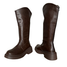 Womens Knee High Boots Brown Size UK 5 EU 38 Mid High Heels Chunky Sole Back Zip
