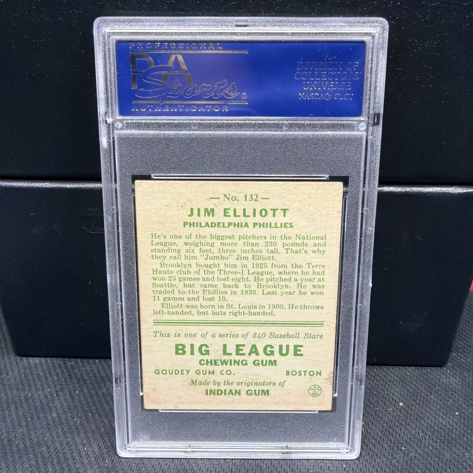 1933 Goudey Big League Chewing Gum - R319 Jim Elliott #132 (RC) Psa 4 view 2