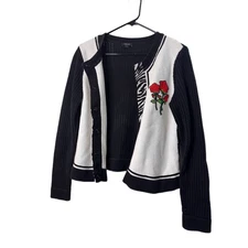 Carlisle Womens Cardigan Black White Rose Zebra Button Front Knit Large $502