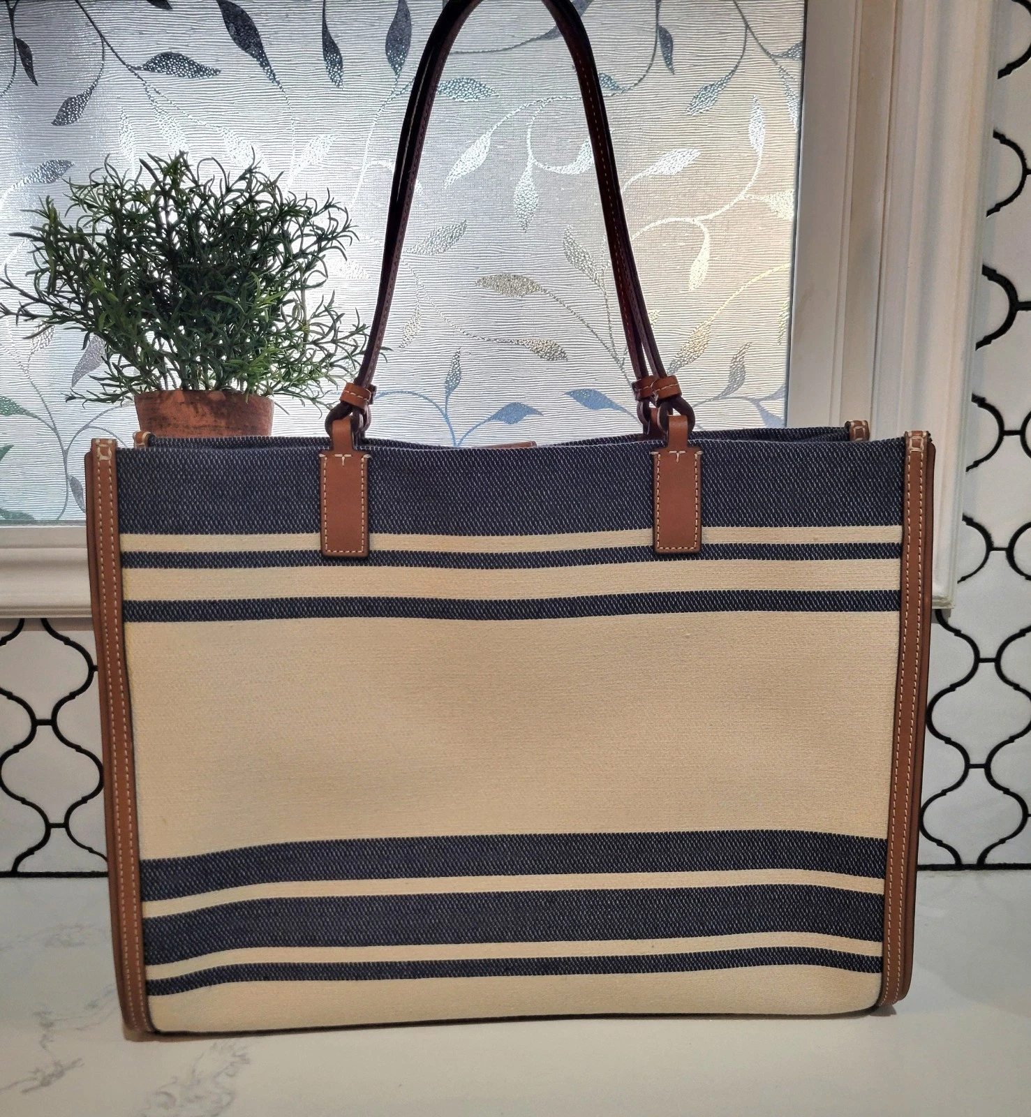 Borsa tote Ella Tory Burch nuova senza etichette in tessuto con bordo in pelle 17x13