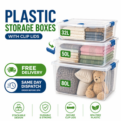 Clear Plastic Storage Boxes with Clip Lids Stackable 32L 50L 80L Home Containers
