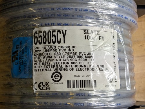 100 Ft. Spool of Alpha Wire Xtra-Guard Flexible Control Cable 5C 18AWG 65805CY - Picture 2 of 4
