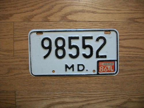 SINGLE MARYLAND LICENSE PLATE - 1986 - 98552 - MOTORCYCLE