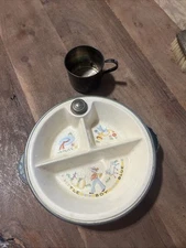 Vintage Porcelain Childs Warming Dish Plate - Little Boy Blue - W/ Sterling Cup