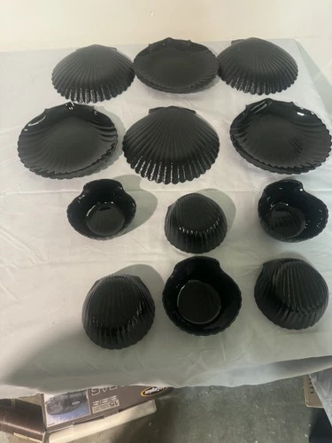 Vintage  Arcoroc Coquillage Black Milk Glass Sea Shell 12 Piece  6 Bowl  6 Plate