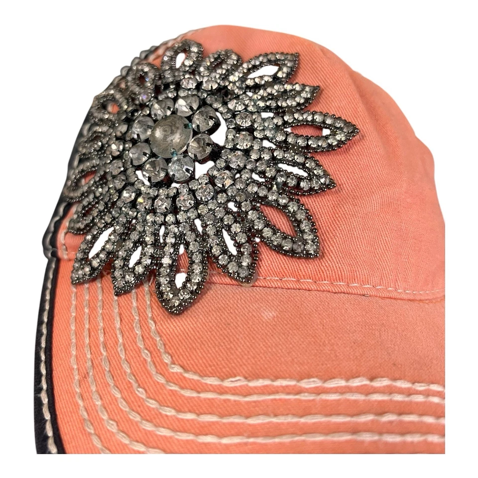 Olive & Pique Hat Bling Rhinestone Stitched Flower Hat/Cap Snapback Distressed - Image 2 of 4