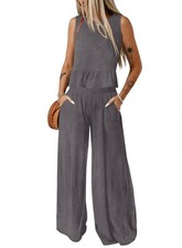 Large Dark Grey Women's Two Piece Set w/ Crop Top Wide Leg Pants