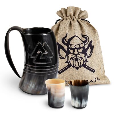 VIKING CRAFT  Trinkhorn 600ml - Wikinger Krug und Becher Set, Mittelalter Deko