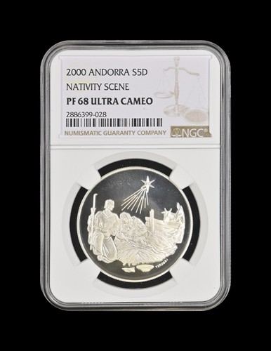 ANDORRA. 2000, 5 Diners, Silver - NGC PF68 - Top Pop ๐ฅ Nativity Scene, Jesus - Picture 2 of 6