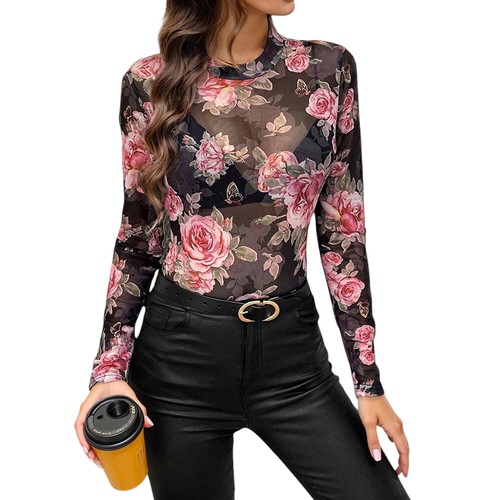 Womens Sexy See Through Floral T Shirt Blouse Long Sleeve Party Clubwear Tops - Picture 11 of 15