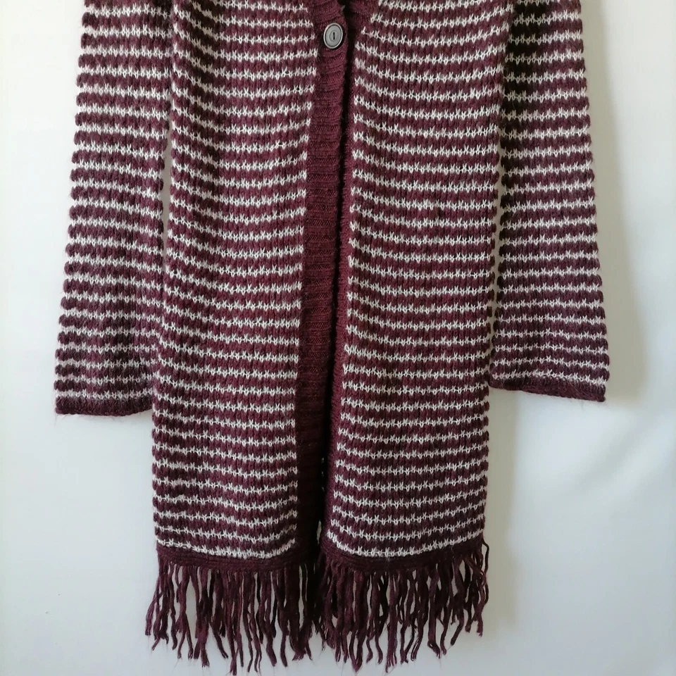 Cárdigan suéter a rayas con flecos de manga larga rojo granate Decree para mujer talla L Foto 4 de 4