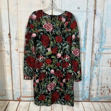 Marciano by Guess Rose Embroidered Sheer Lined Dress Size 8 Knee Length Long Sle