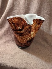BEAUTIFUL UNIQUE HAND BLOWN VASE SCALLOPED EDGE MULTI BROWN