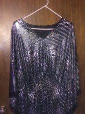 1970s Disco Style Floral Print Silver And Black Sequence Woman  s Top Shirt